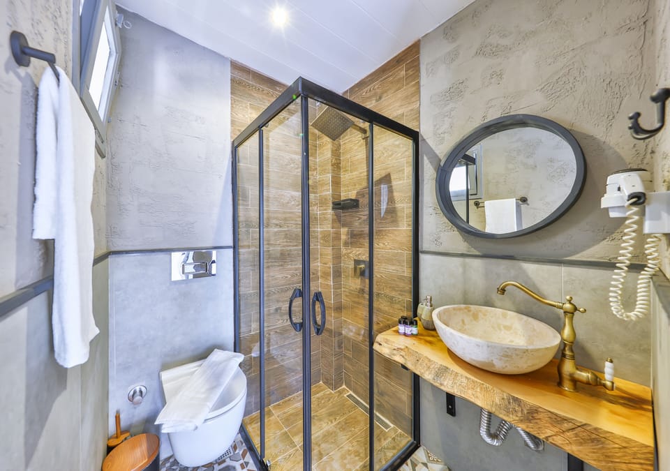 Shower, free toiletries, hair dryer, slippers