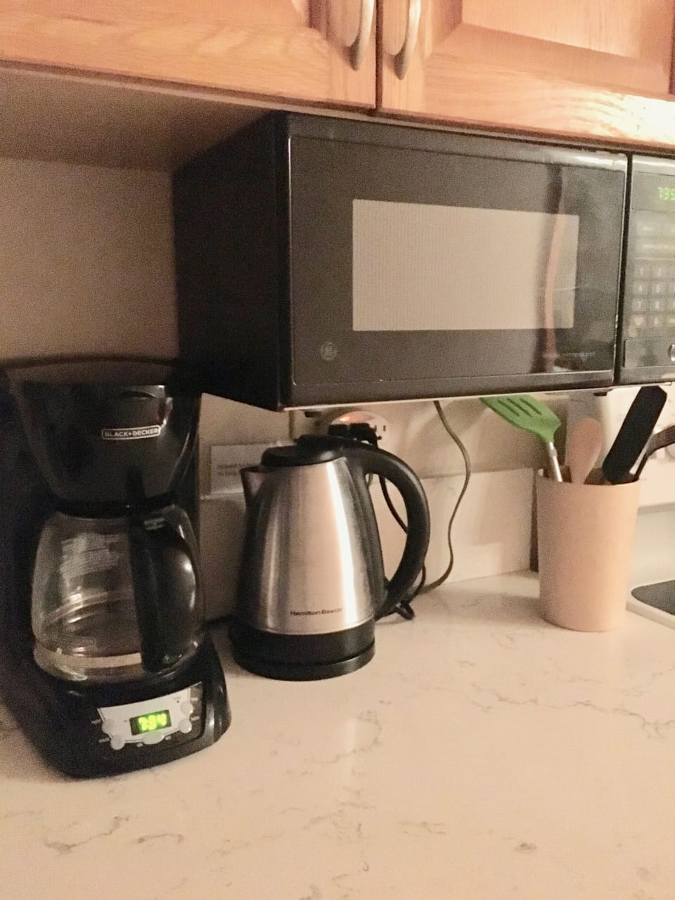 Coffee maker, electric tea kettle and microwave oven