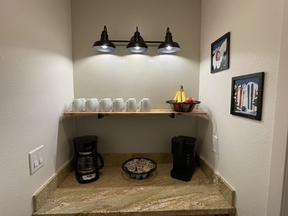 Coffee bar and extra counter space for prepping meals. 