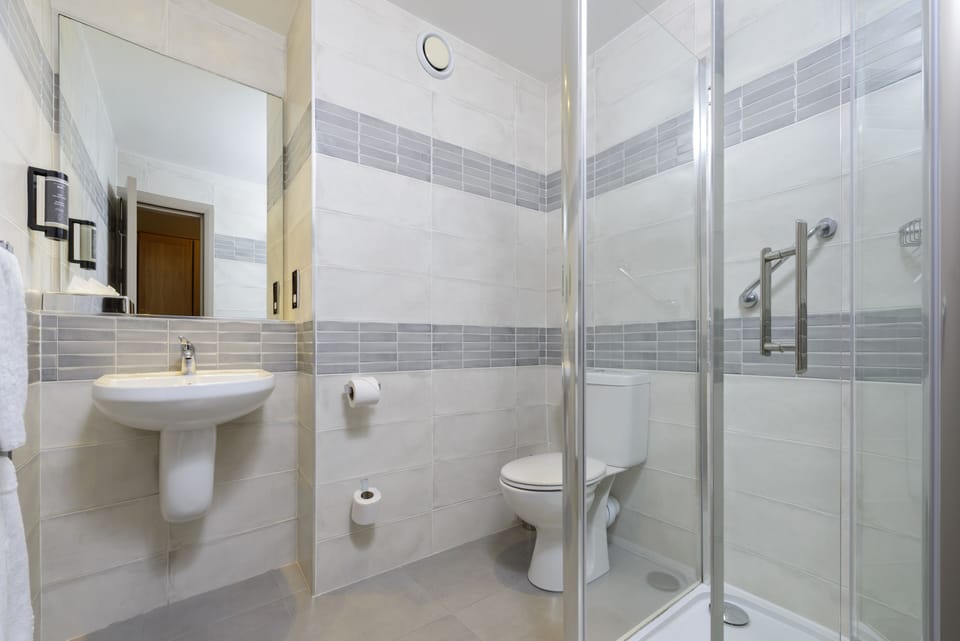 Hair dryer, towels, soap, shampoo