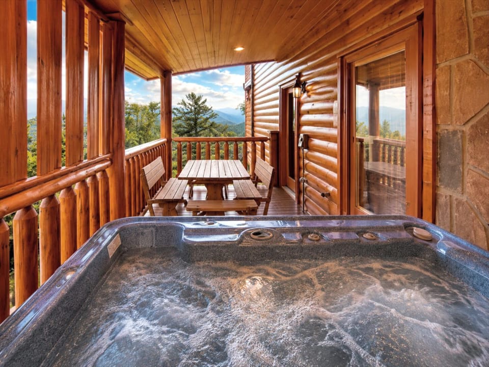 Private Hot tub deck on lowest deck, privacy enclosure with mountain views