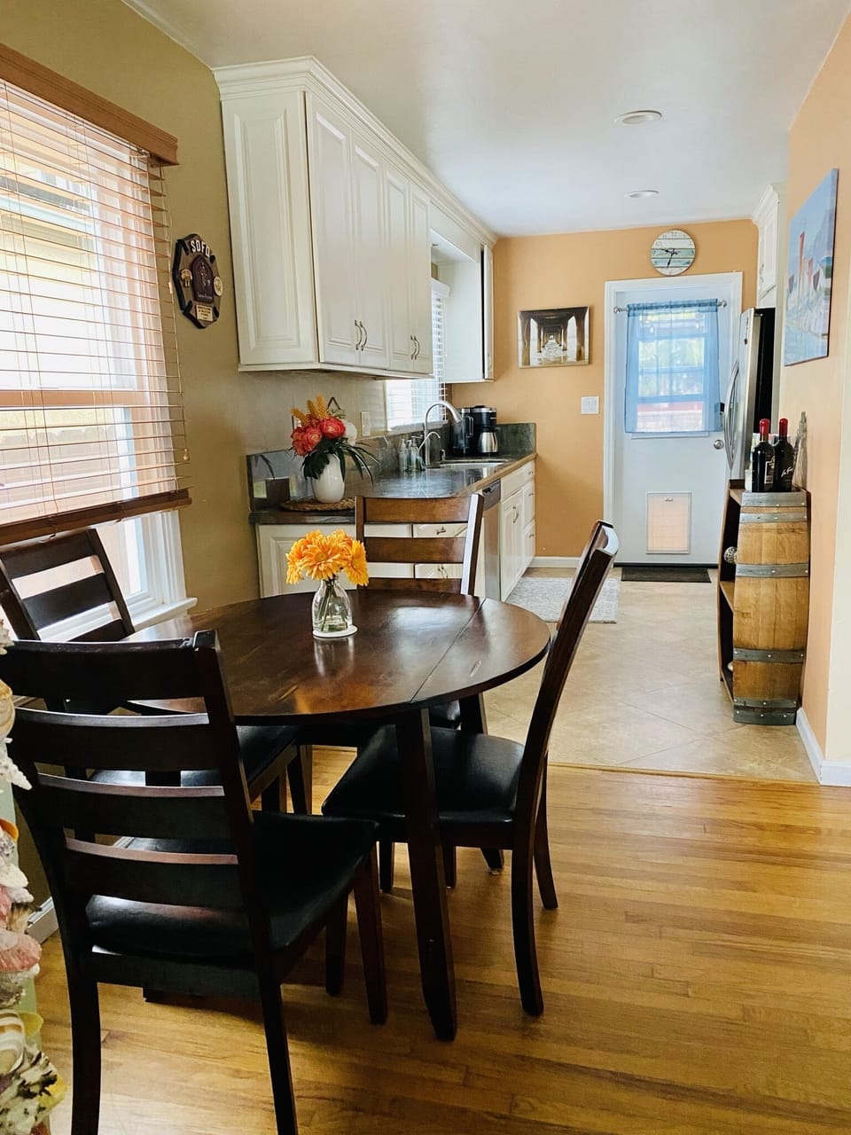 Indoor dining space and kitchen.