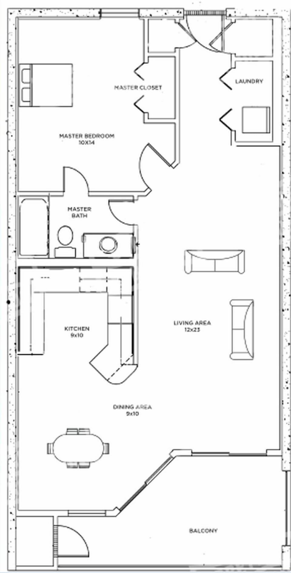 One-bedroom layout with spacious living, dining, and kitchen areas with beachfront balcony access