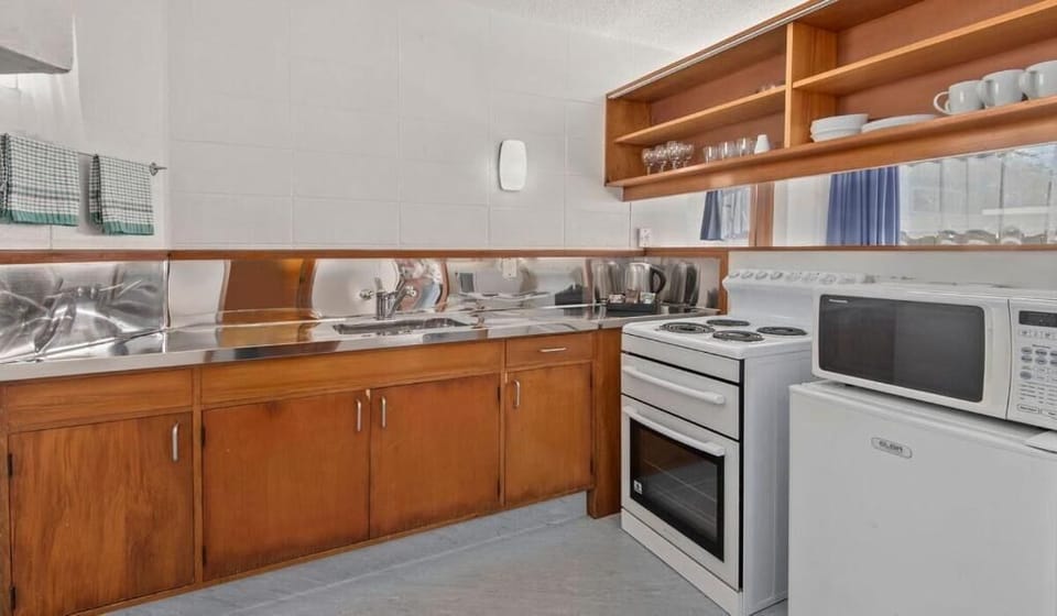 Fridge, microwave, electric kettle, toaster