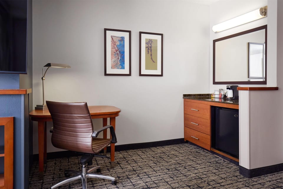 Hypo-allergenic bedding, down comforters, desk, laptop workspace