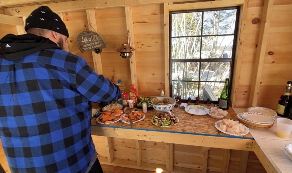 February ice fishing & prepping delicious Halibut & veggie tempura @ the tikibar