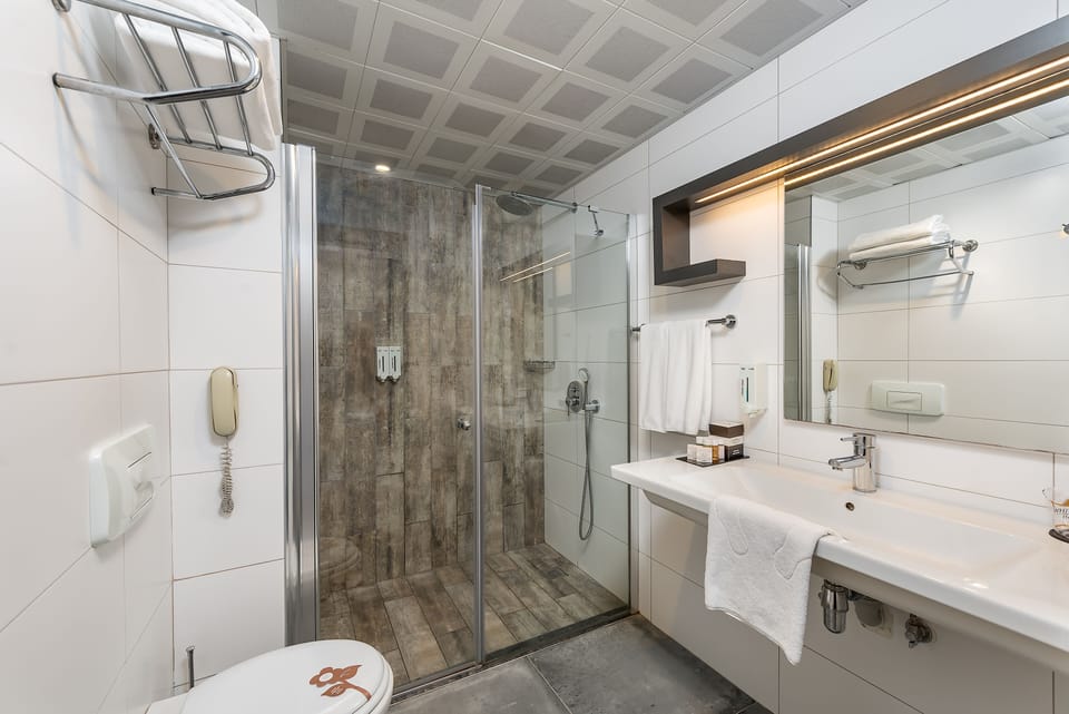 Shower, free toiletries, hair dryer, towels