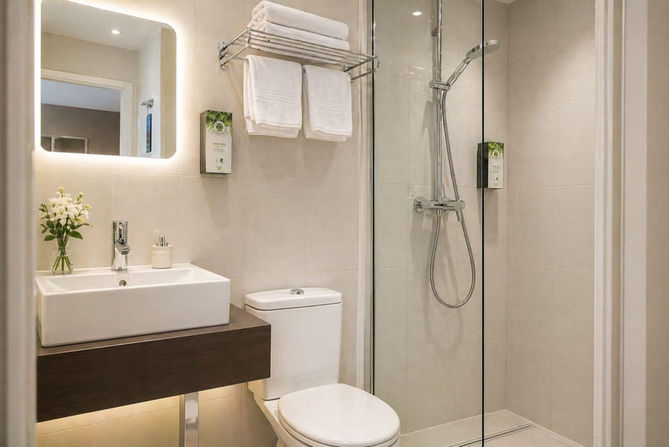 Eco-friendly toiletries, hair dryer, towels