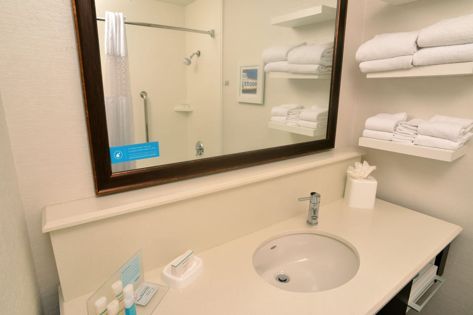Combined shower/tub, eco-friendly toiletries, hair dryer, towels