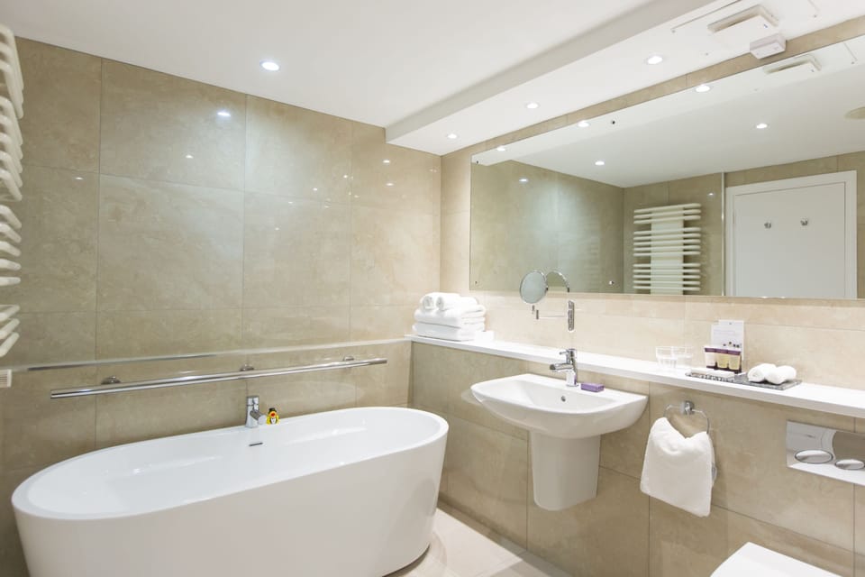 Shower, free toiletries, hair dryer, towels