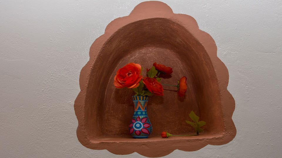 Bouquet of posies in kitchen niche