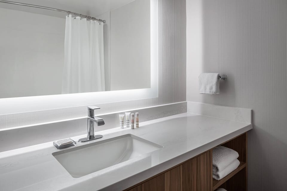 Combined shower/tub, eco-friendly toiletries, hair dryer, towels