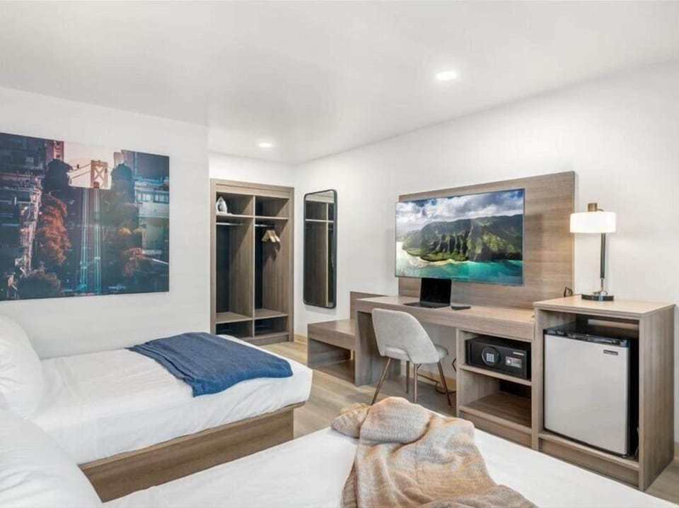 Standard Double Room, 2 Queen Beds, Private Bathroom (Self check-in) | In-room safe, desk, laptop workspace, iron/ironing board