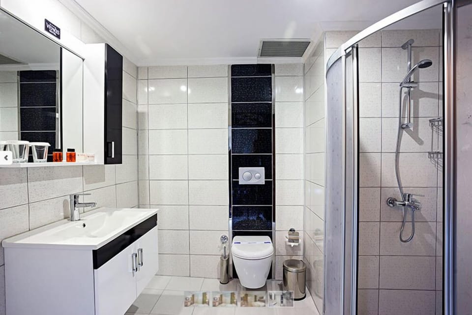 Shower, free toiletries, hair dryer, towels