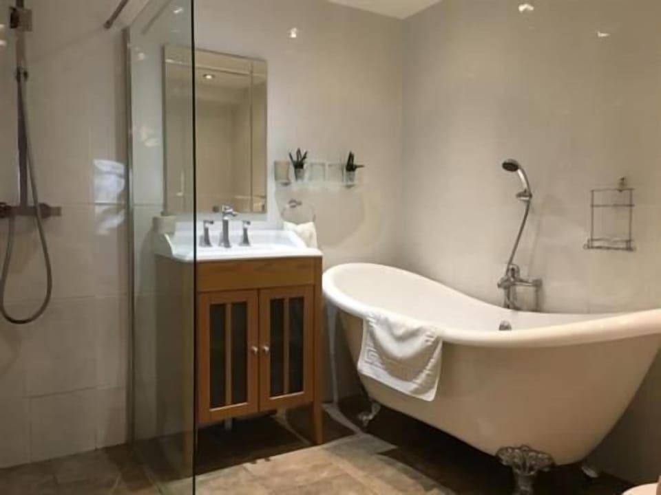 Shower, free toiletries, hair dryer, towels