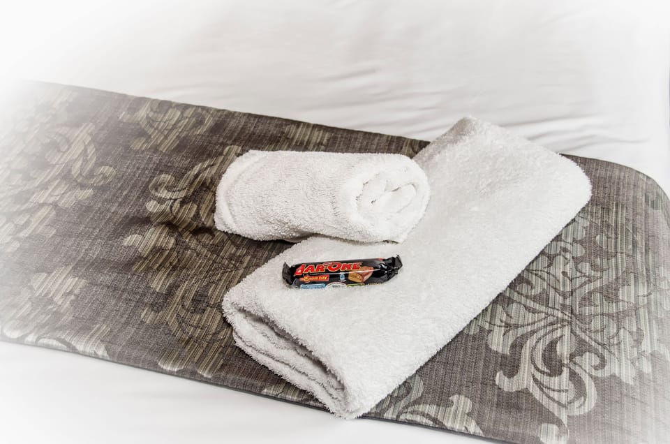 Shower, free toiletries, hair dryer, towels