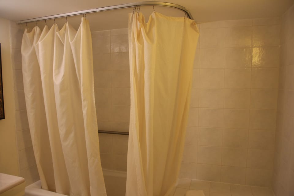 Combined shower/tub, free toiletries, hair dryer, towels