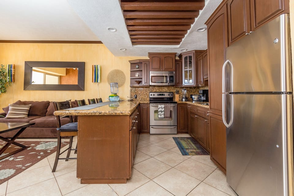 Stainless steel kitchen appliances.