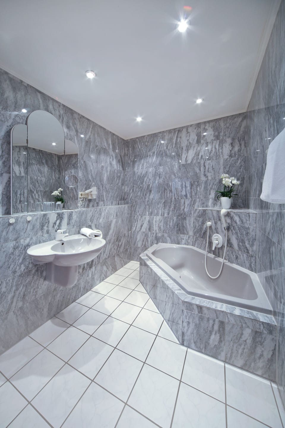 Combined shower/tub, hair dryer, towels