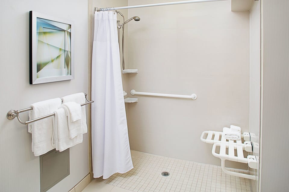 Combined shower/tub, free toiletries, hair dryer, towels