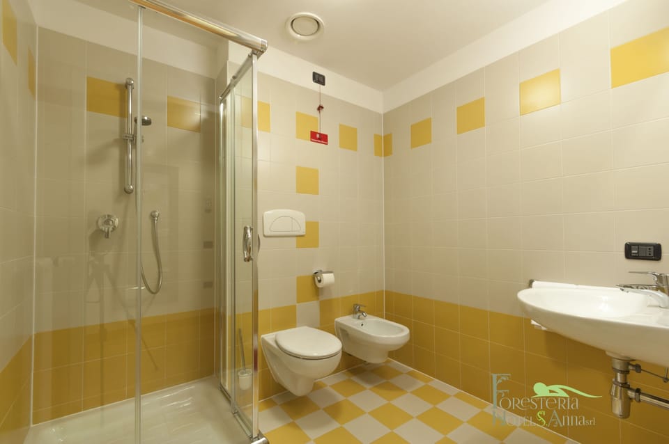Shower, rainfall showerhead, free toiletries, hair dryer