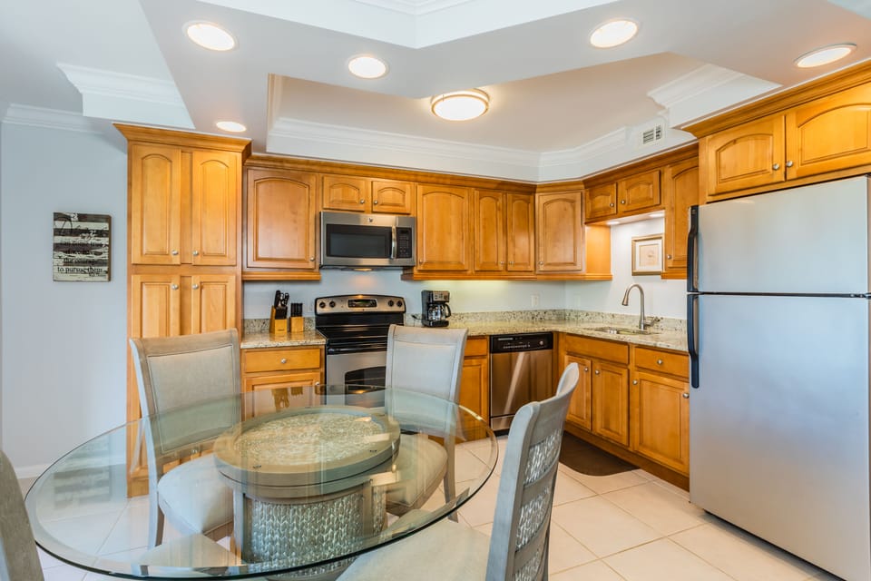 Updated kitchen with dishes, pots and pans everything you need for your stay
