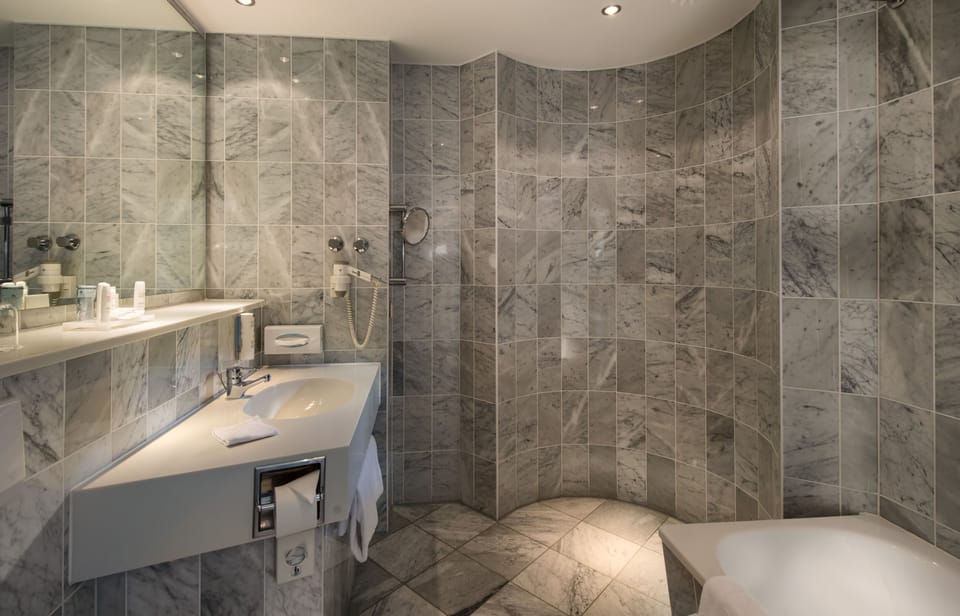 Combined shower/tub, eco-friendly toiletries, hair dryer, towels