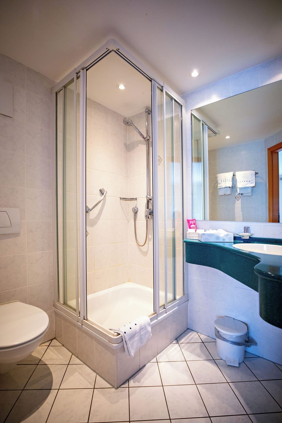 Shower, free toiletries, hair dryer, towels