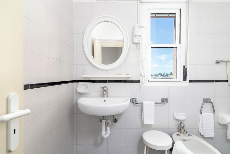 Shower, hair dryer, bidet, towels