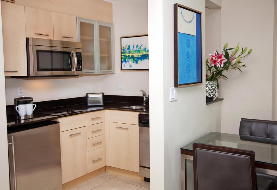 Suite, 1 Queen Bed, City View | Private kitchen | Fridge, microwave, stovetop, dishwasher