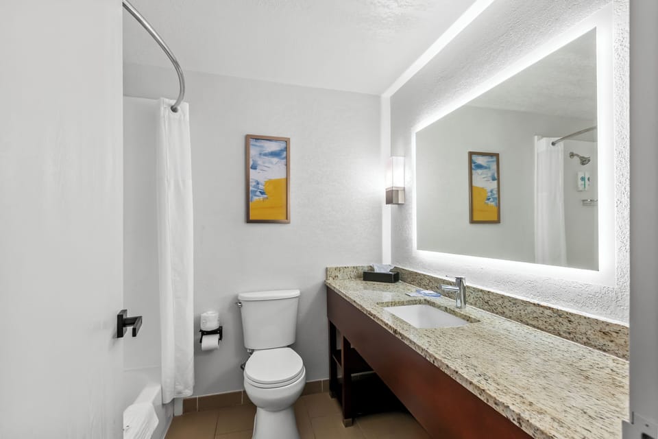 Combined shower/tub, free toiletries, hair dryer, towels