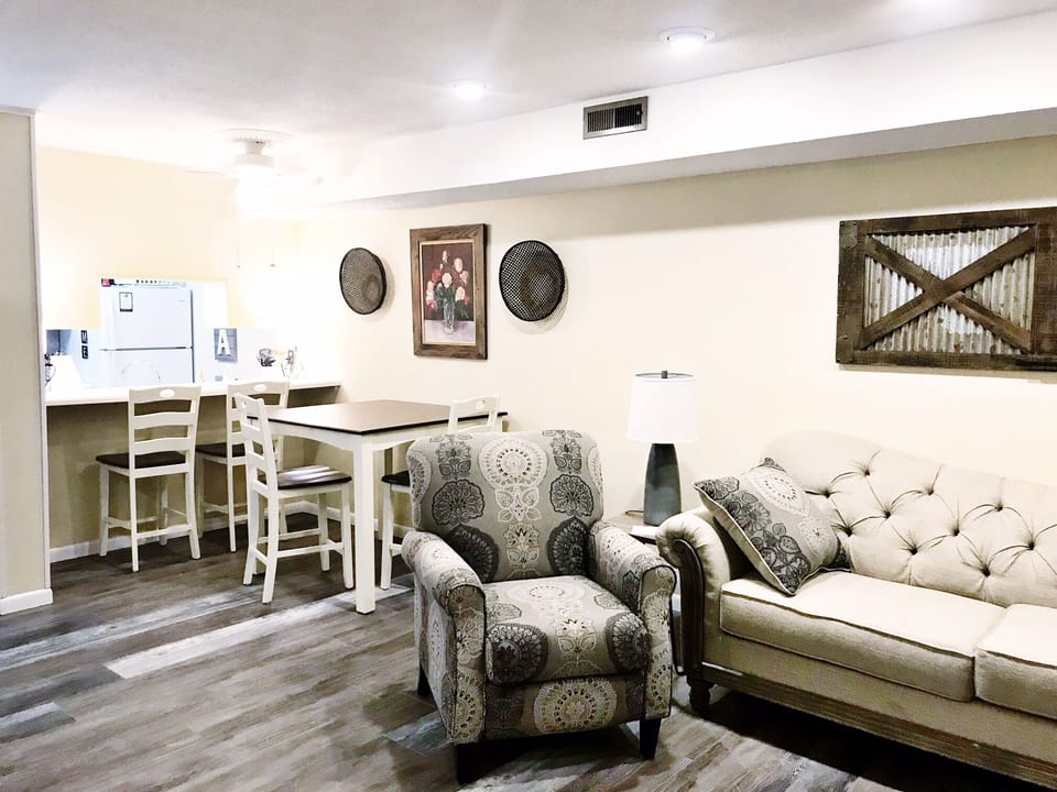 Living room and open dining room