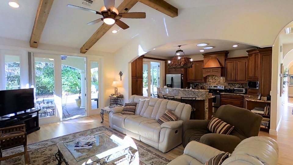 Family room sits 7 plus 3 including kitchen bar stools