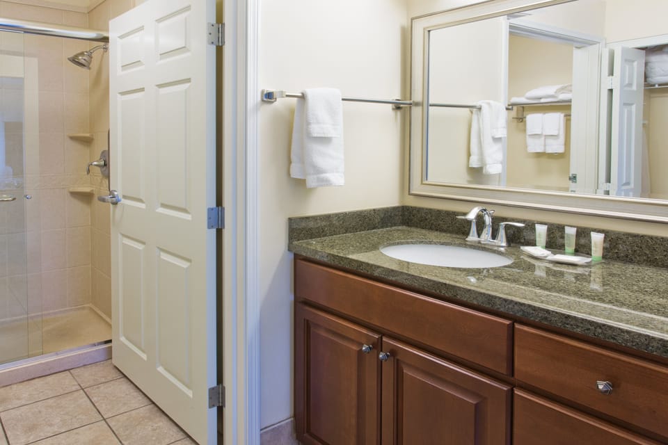 Eco-friendly toiletries, hair dryer, towels, soap