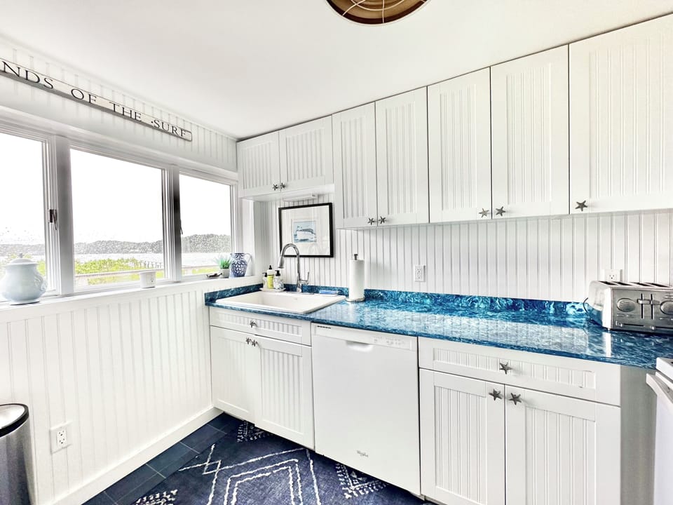 Small, well equipped kitchen.