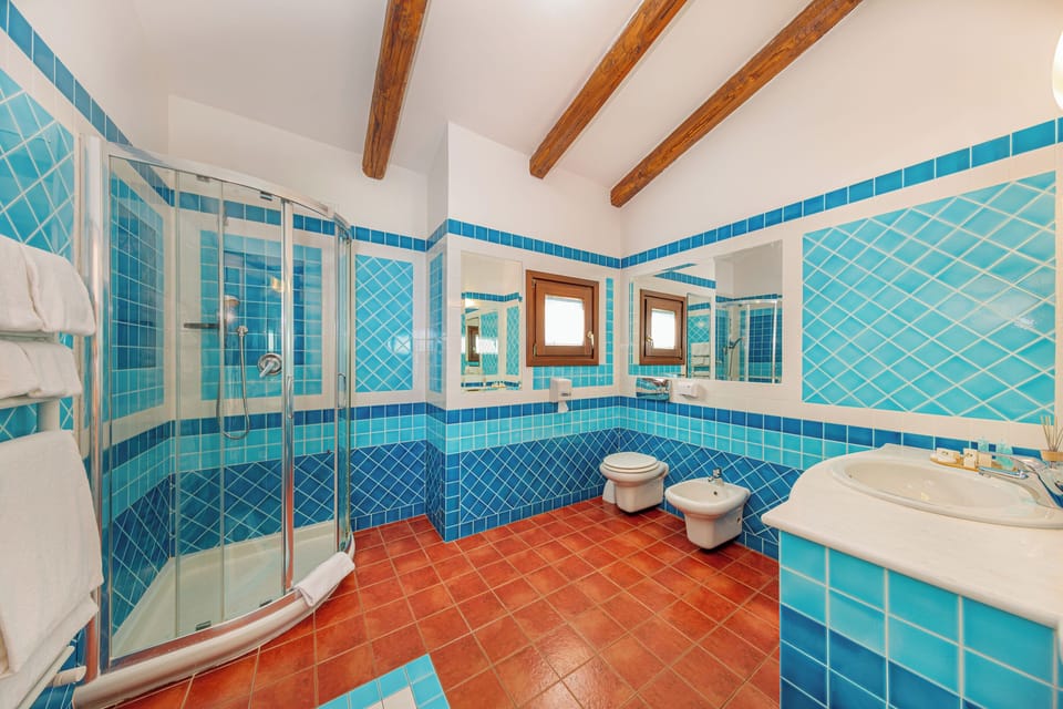 Shower, rainfall showerhead, free toiletries, hair dryer