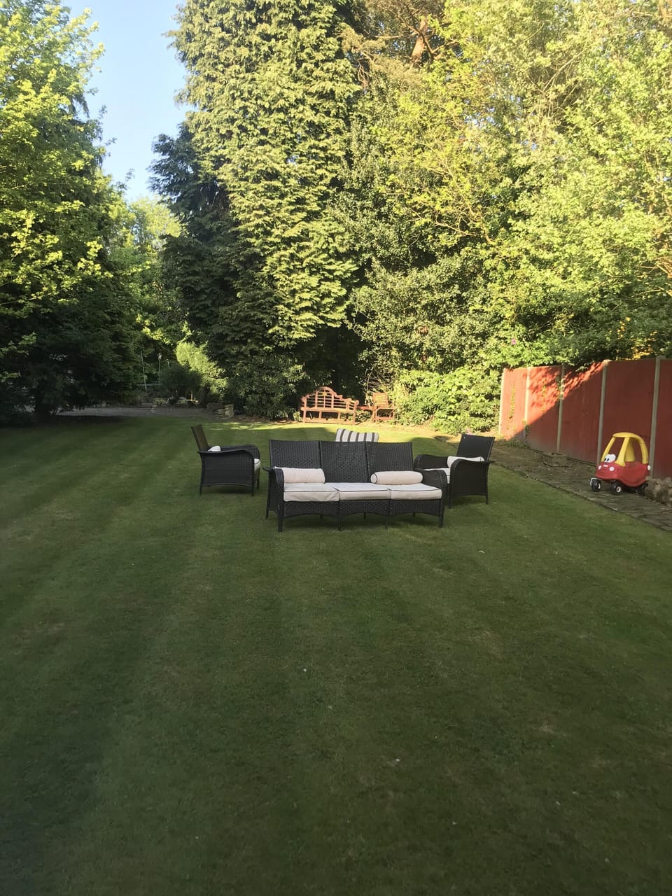 Secluded Rear Garden surrounded by conifer trees. 