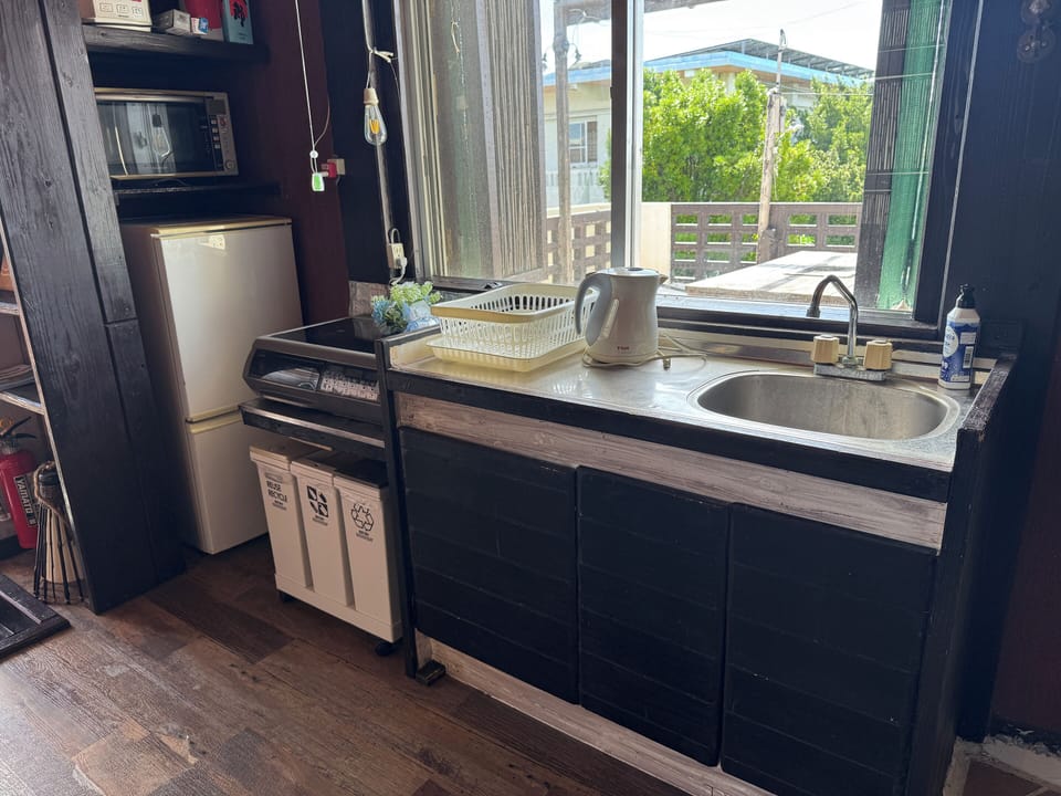Full-size fridge, microwave, stovetop, rice cooker