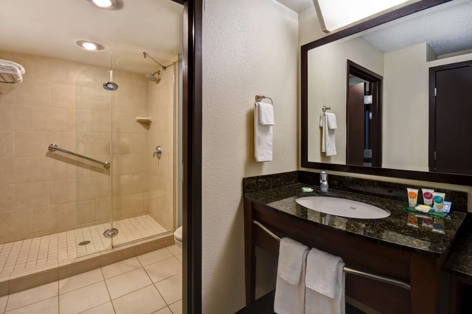 Designer toiletries, hair dryer, towels