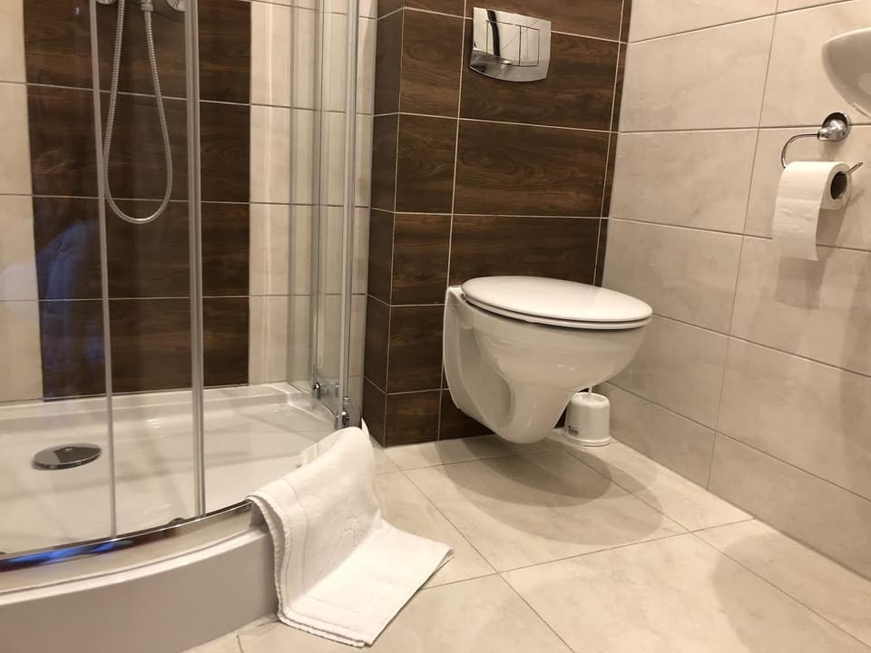 Shower, free toiletries, hair dryer, towels