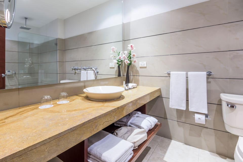 Shower, rainfall showerhead, hair dryer, towels