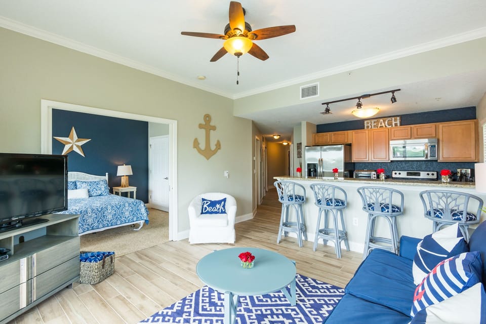 Enjoy the open concept living room along with complimentary cable and wifi 