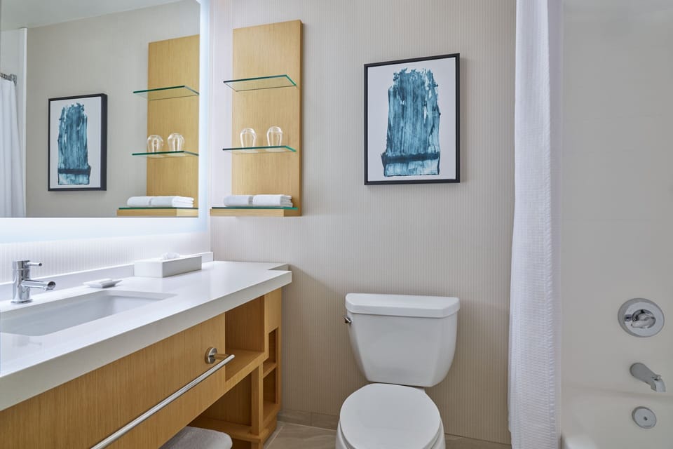 Combined shower/tub, free toiletries, hair dryer, towels