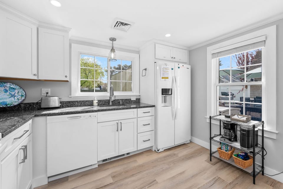 Kitchen includes a convenient coffee maker setup for your morning brew