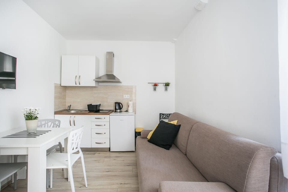 City Apartment, 1 Bedroom | Living area | 32-inch flat-screen TV with cable channels, TV, books