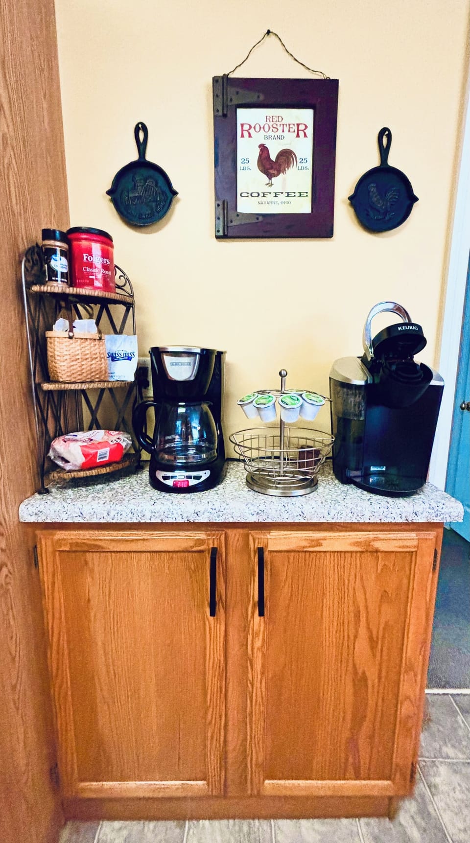 Coffee station with Keurig and a standard coffee maker.