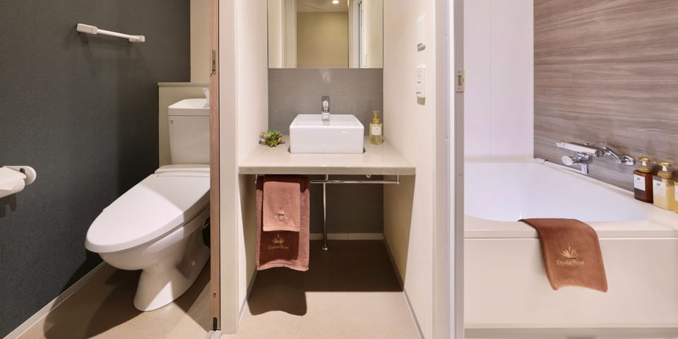 Combined shower/tub, deep soaking tub, free toiletries, hair dryer