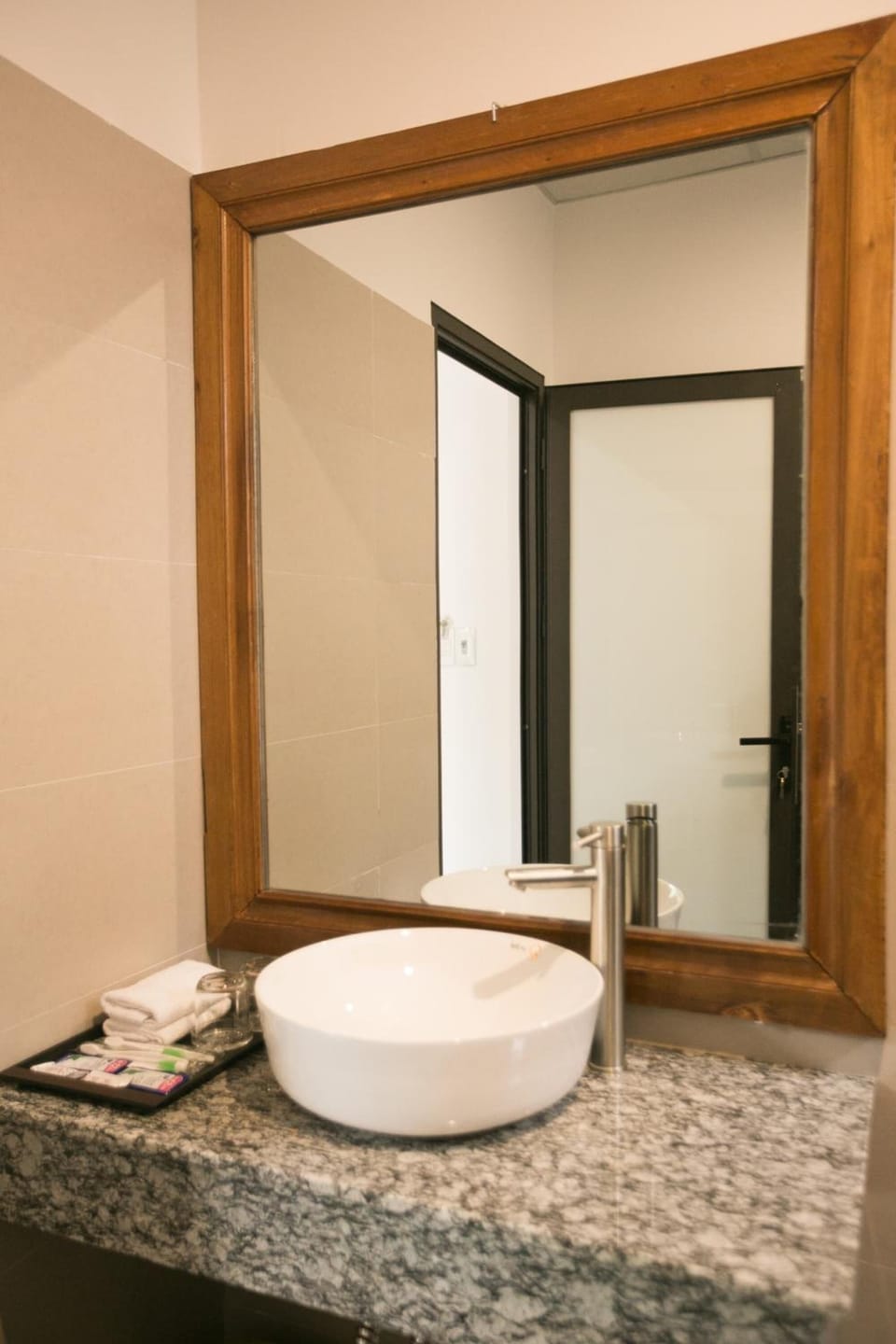 Shower, rainfall showerhead, designer toiletries, hair dryer