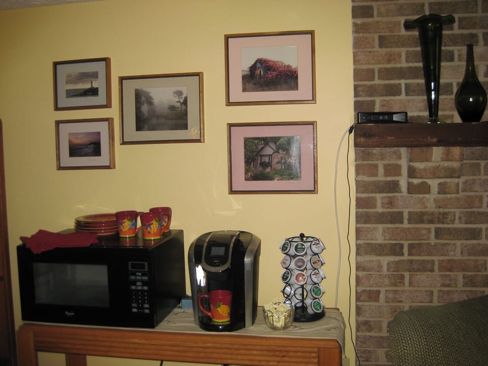 Microwave, Keurig, assorted coffees and teas. 