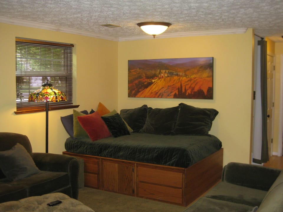 Double bed with memory foam topper. 